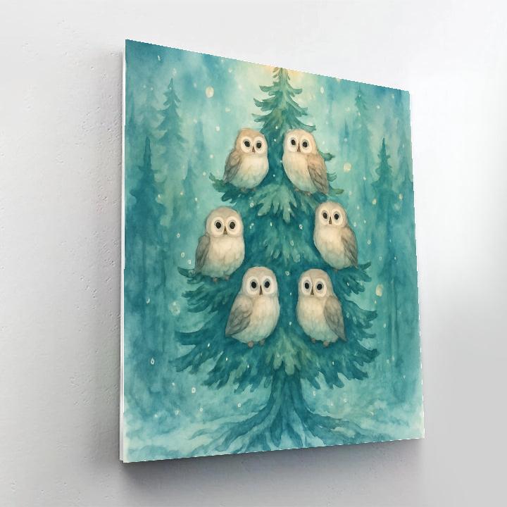 Winter Owls Around The Evergreen Star Number painting