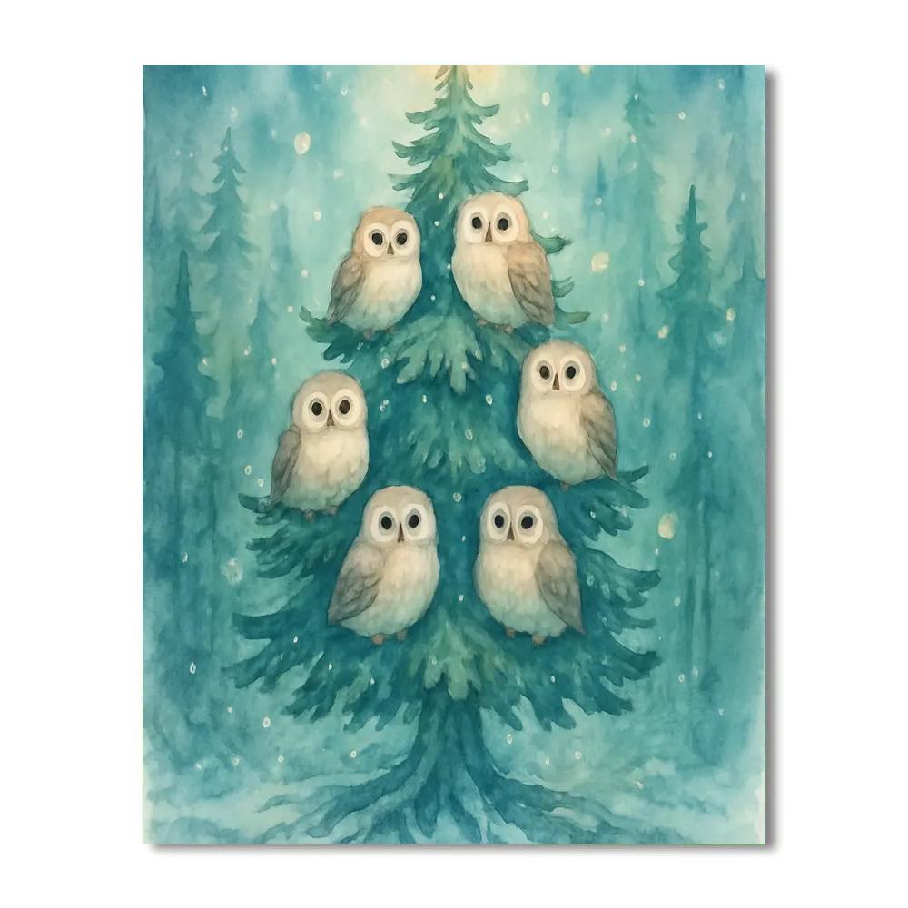 Winter Owls Around The Evergreen Star Number painting