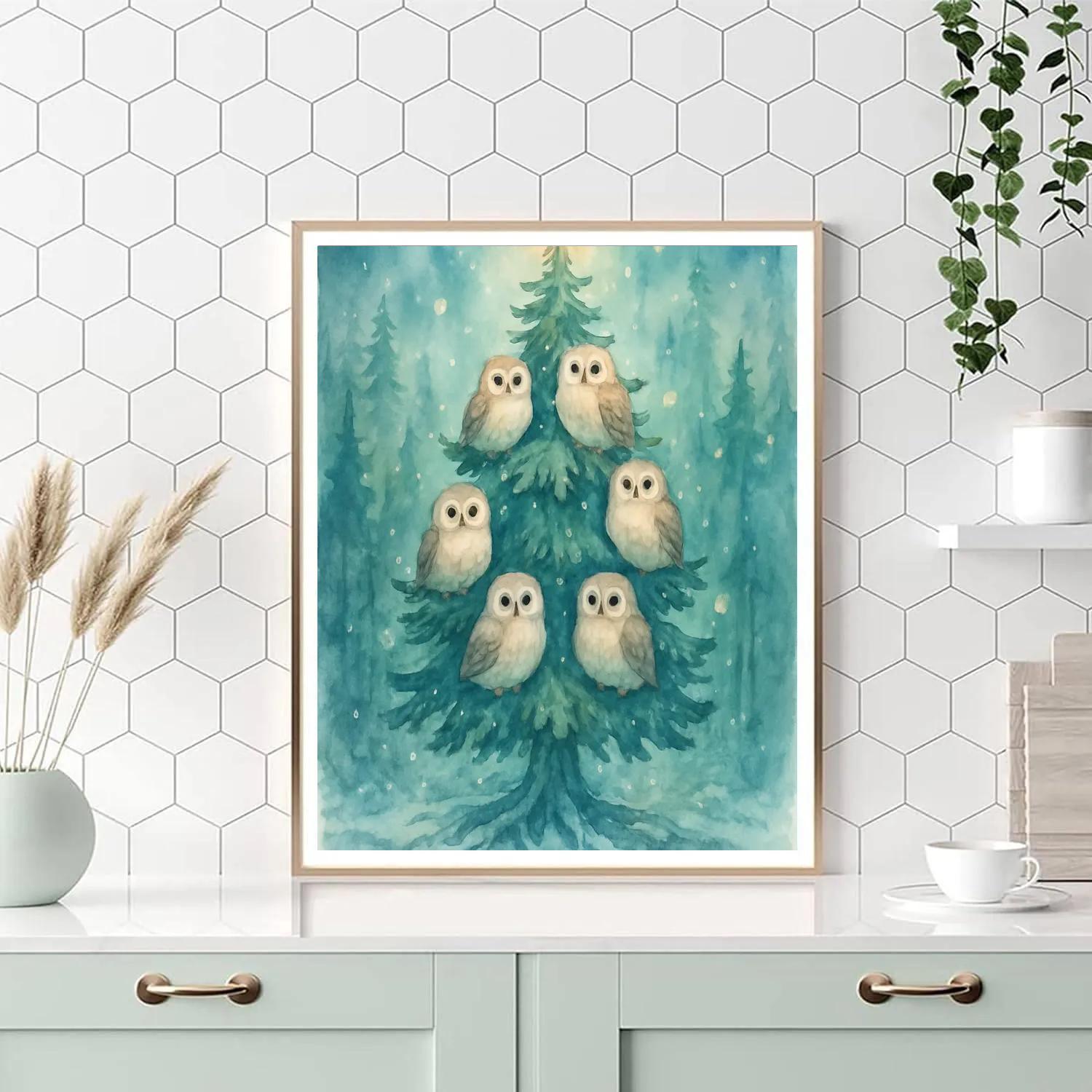 Winter Owls Around The Evergreen Star Number painting