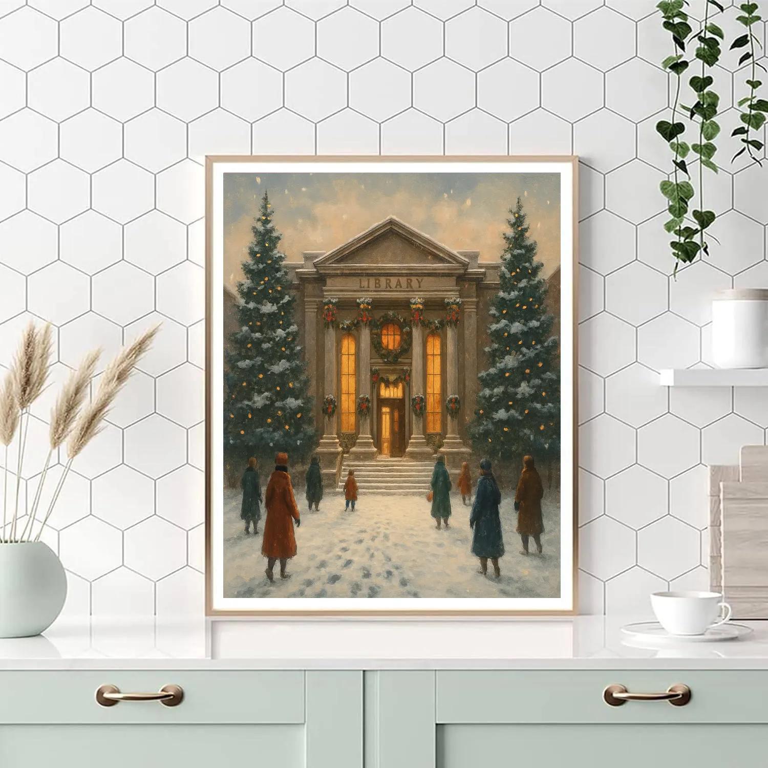 Holiday Library In The Snowy Square Numbered painting kits