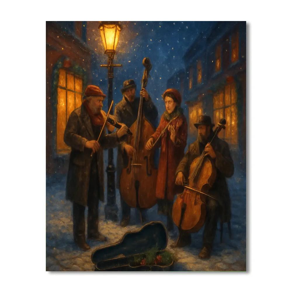 Snowy Street Musicians At Twilight paint by numbers