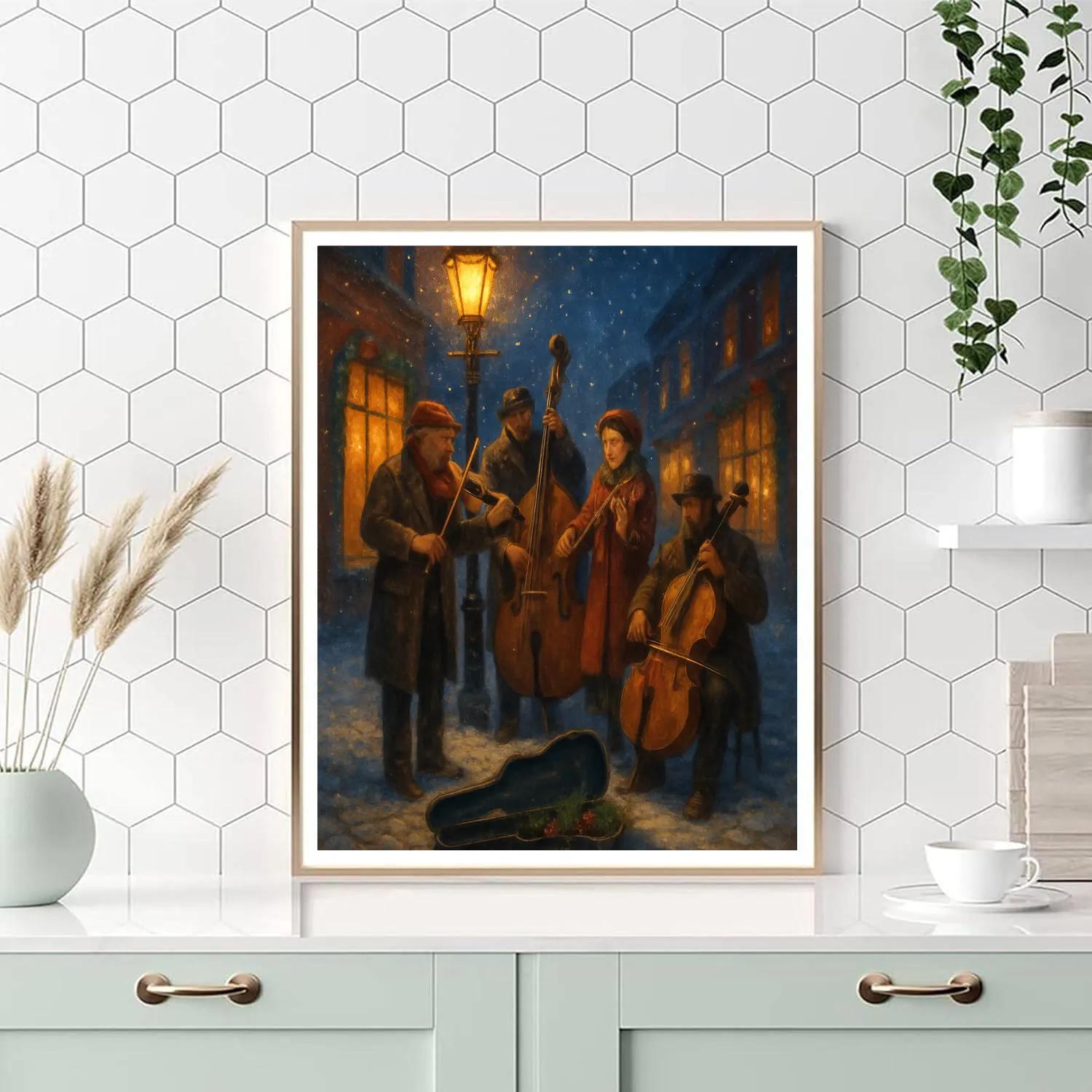 Snowy Street Musicians At Twilight paint by numbers