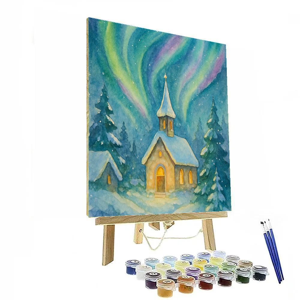 Northern Lights Above Village Chapel Painting by numbers kit