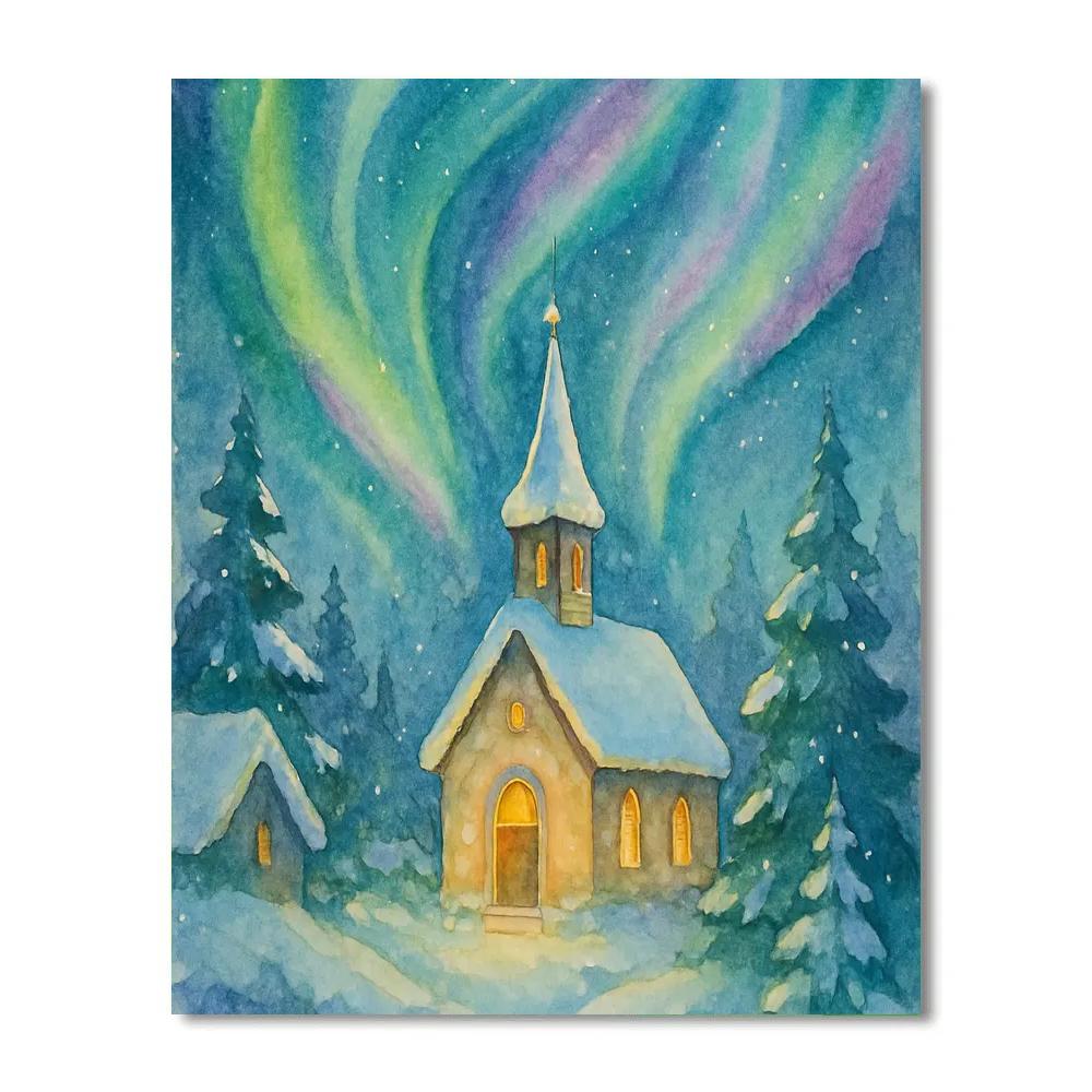 Northern Lights Above Village Chapel Painting by numbers kit