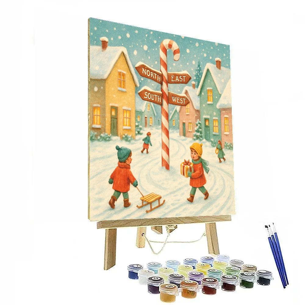 Snowy Village At Candy Cane Crossing Painting by numbers kit