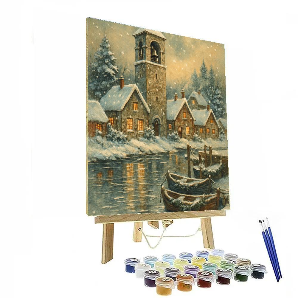 Snowy Bell Tower Over River Hamlet paint by color