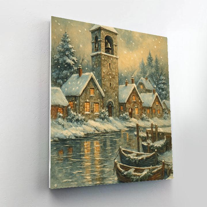 Snowy Bell Tower Over River Hamlet paint by color