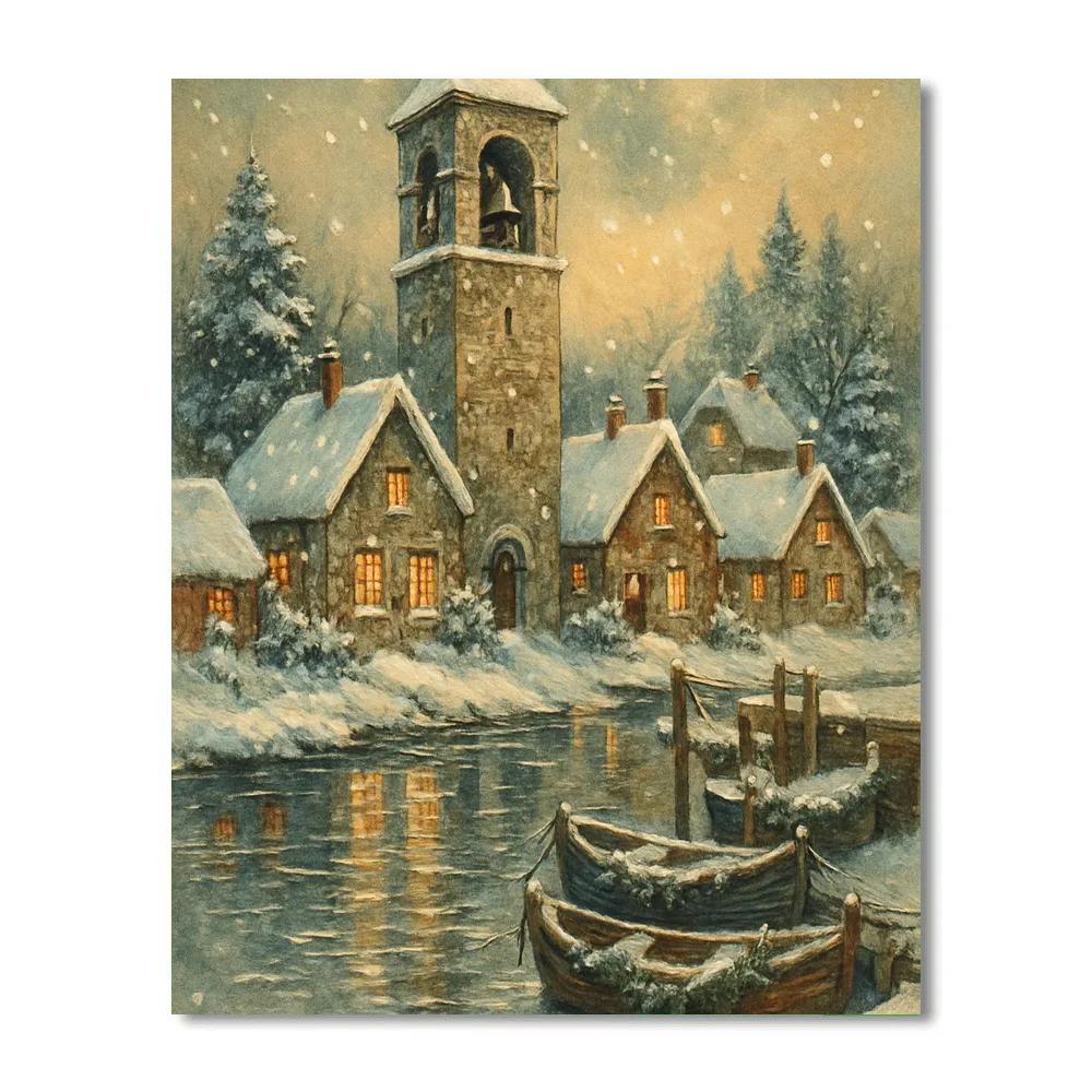 Snowy Bell Tower Over River Hamlet paint by color