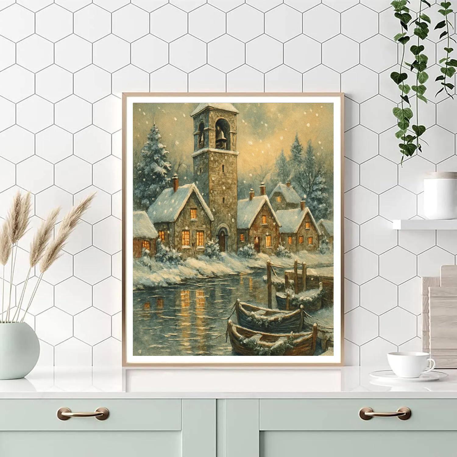 Snowy Bell Tower Over River Hamlet paint by color
