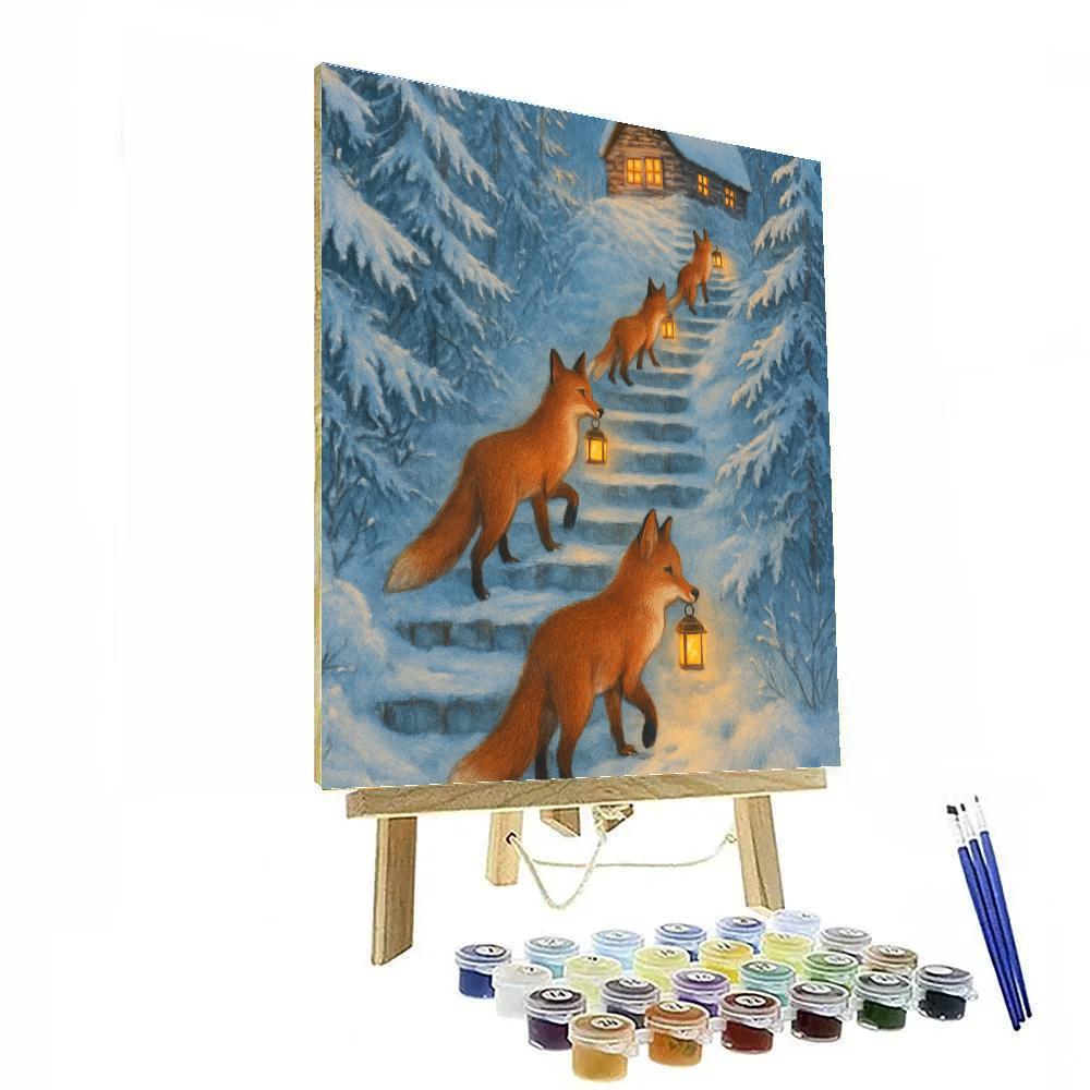 Lantern Foxes On The Snowy Stairway DIY paint by numbers