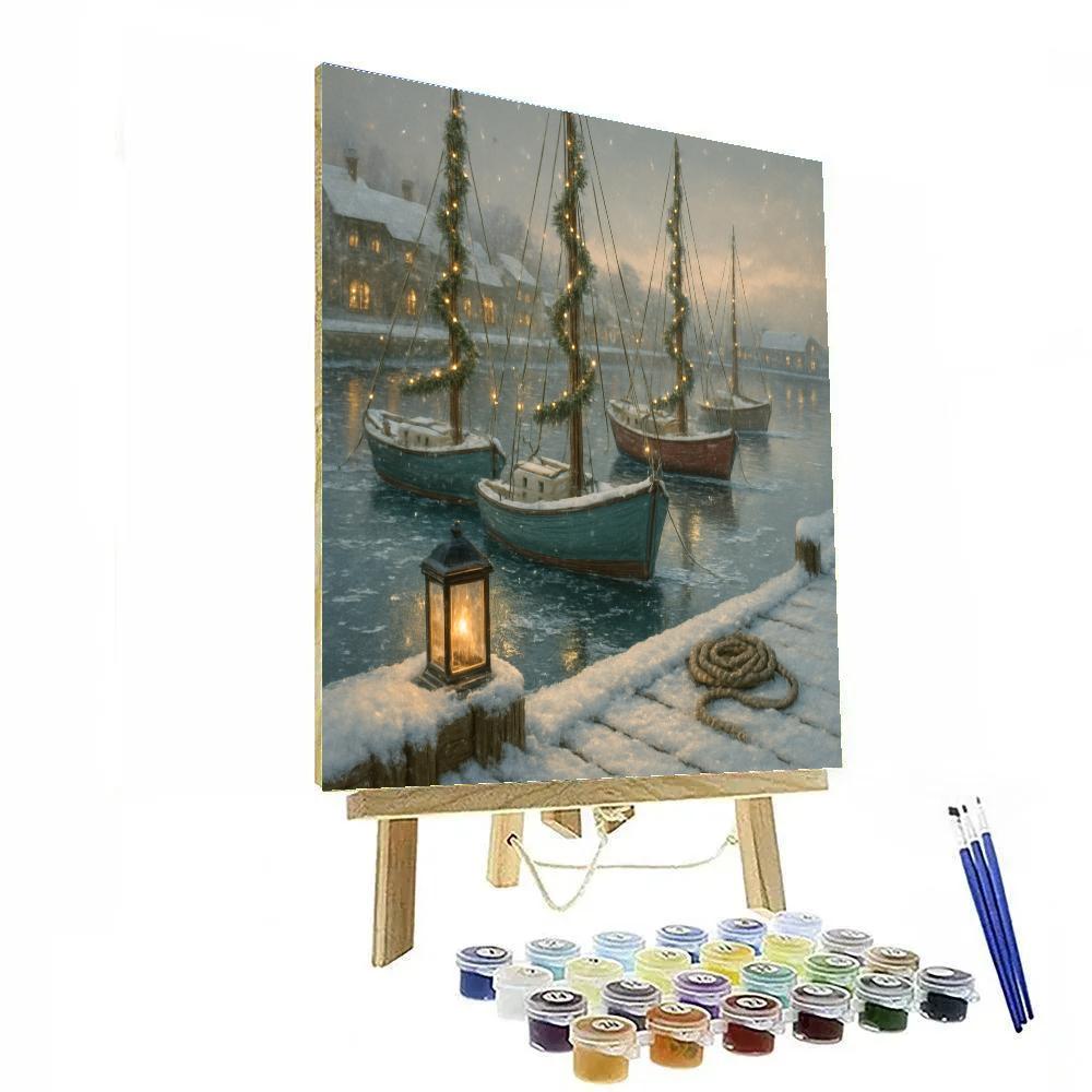 Snowy Harbor With Evergreen Sails paint by numbers