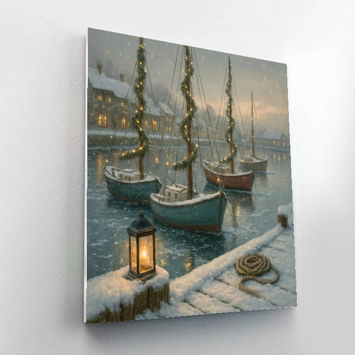 Snowy Harbor With Evergreen Sails paint by numbers