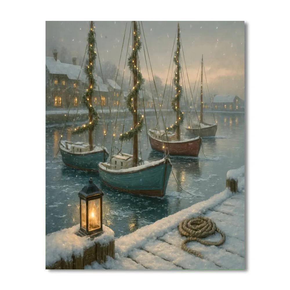 Snowy Harbor With Evergreen Sails paint by numbers