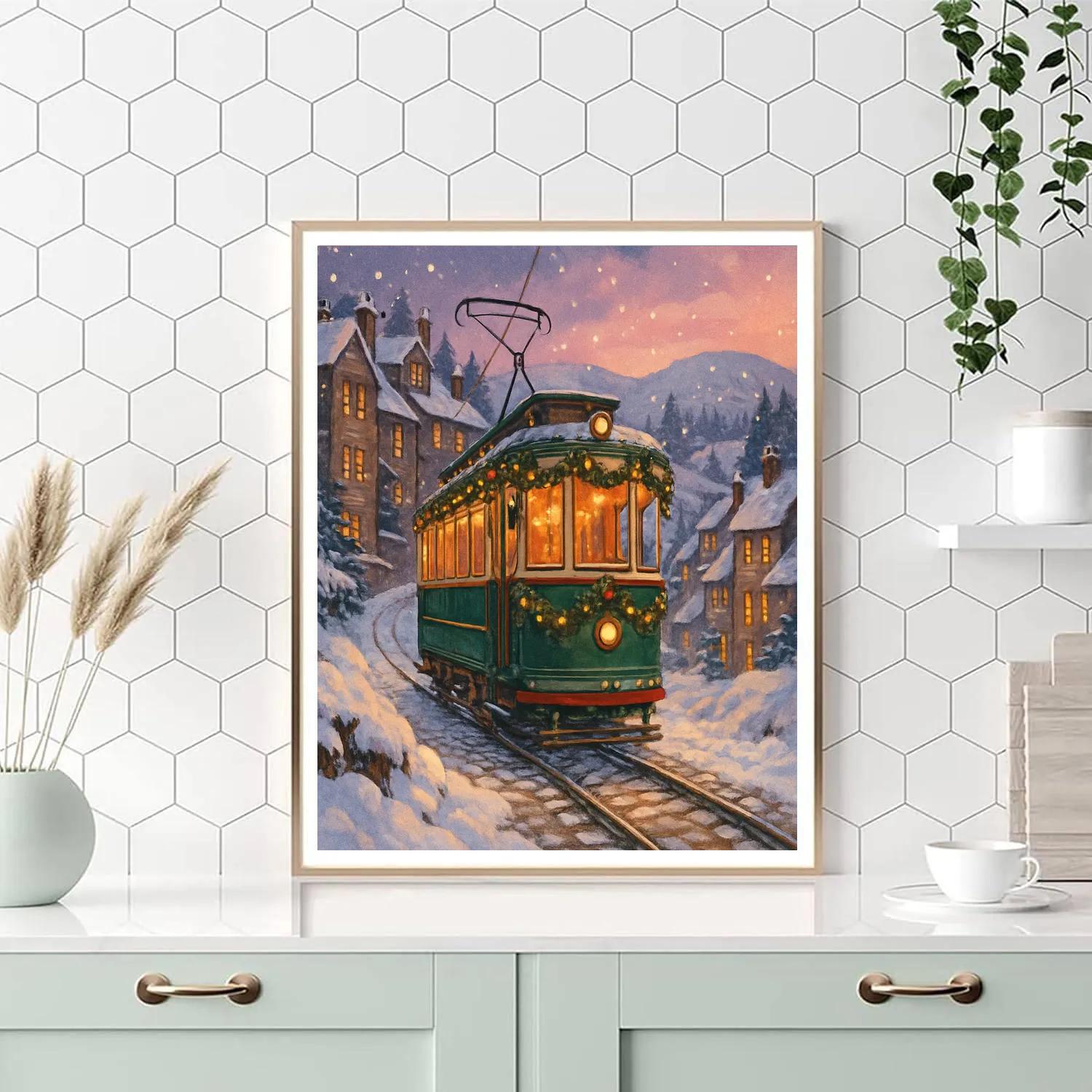 Snowy Tram To The Winter Hills paint by number