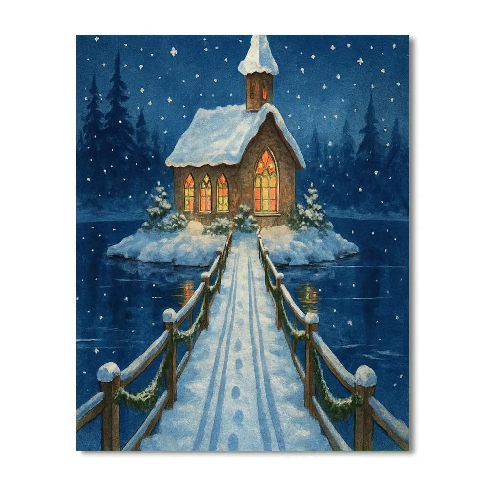 Snowy Chapel On The Island Bridge Paint by numbers kits