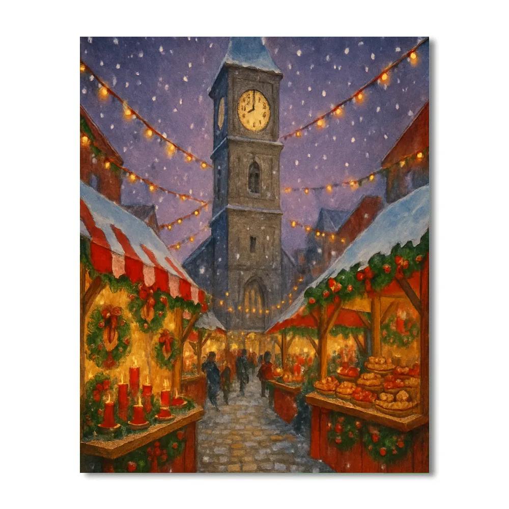Snowy Clocktower Over Holiday Market Paint by numbers kits