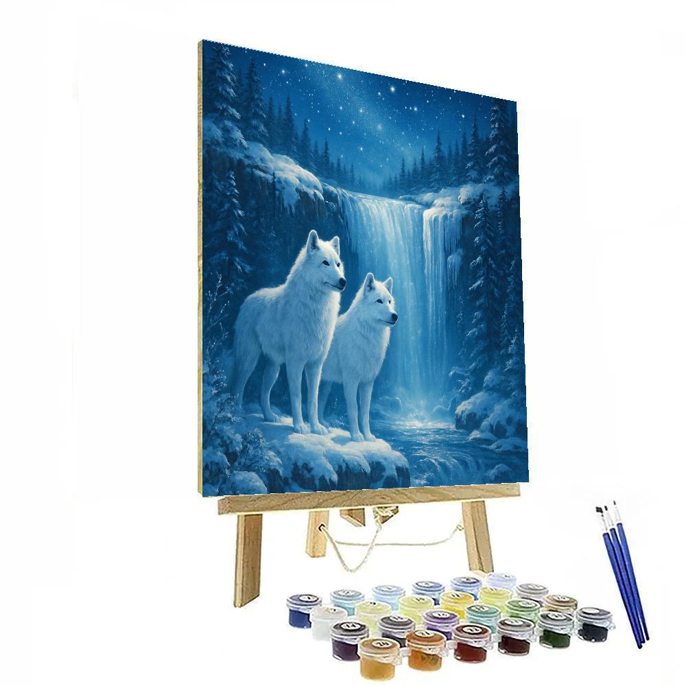 Winter Wolves At The Starlit Waterfall paint by number