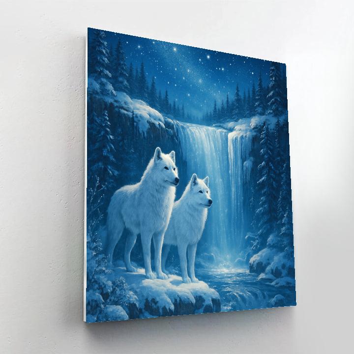 Winter Wolves At The Starlit Waterfall paint by number