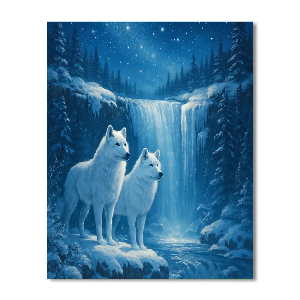 Winter Wolves At The Starlit Waterfall paint by number