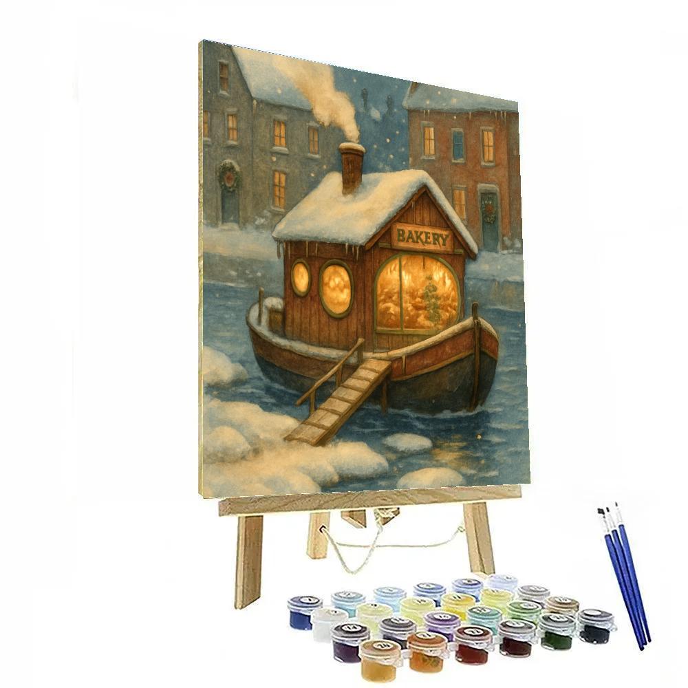Christmas Bakery Boat On The Frozen River paint by number