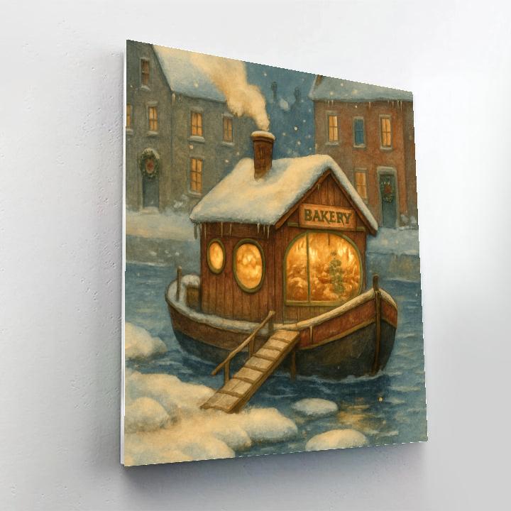 Christmas Bakery Boat On The Frozen River paint by number