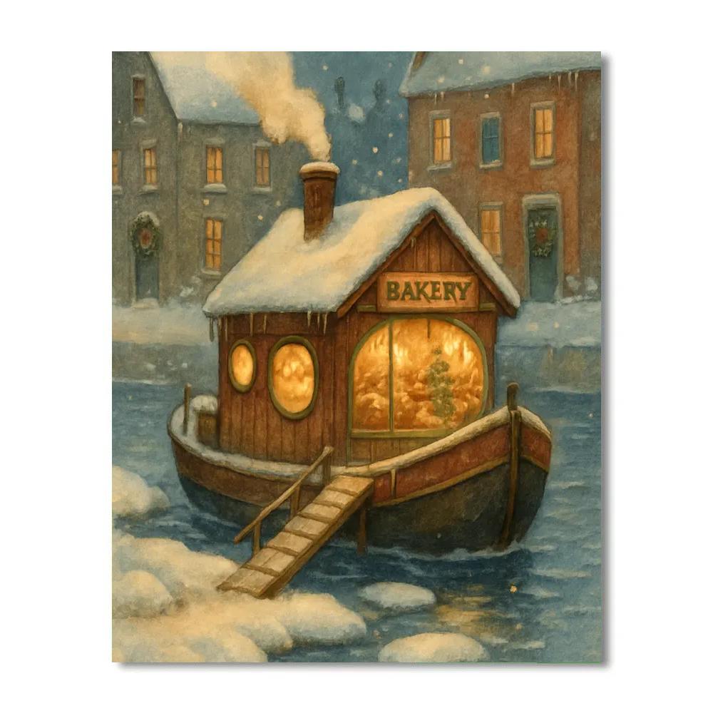 Christmas Bakery Boat On The Frozen River paint by number