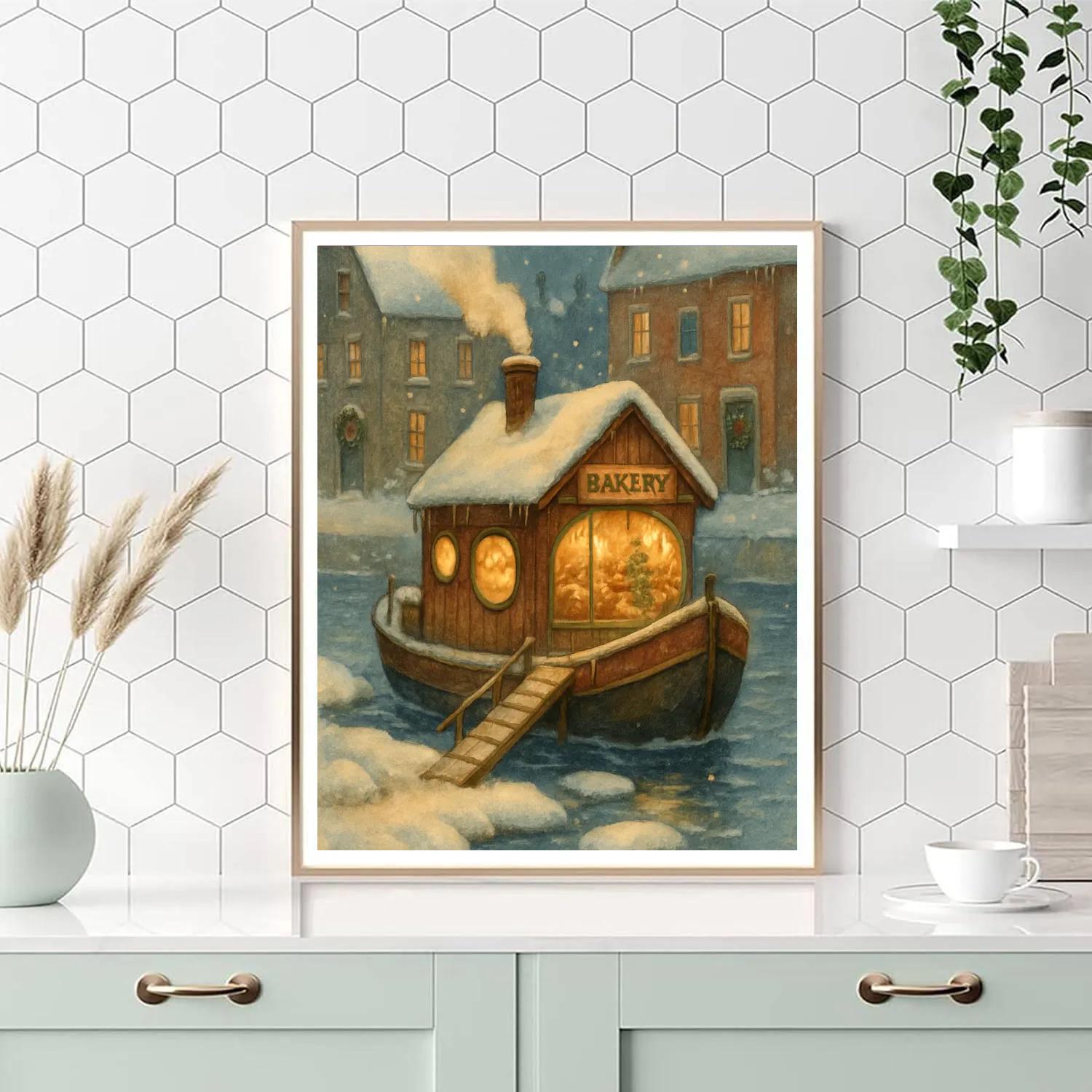 Christmas Bakery Boat On The Frozen River paint by number
