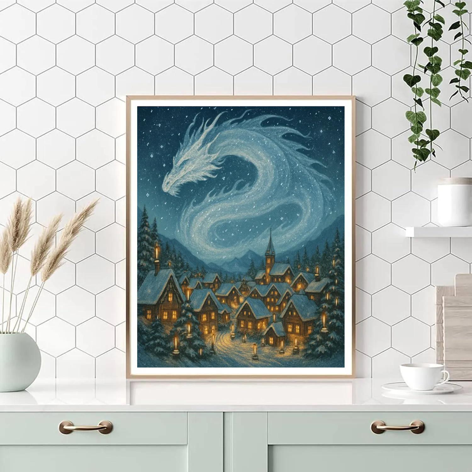 Snow Dragon Over Candlelit Village Paint by numbers kits