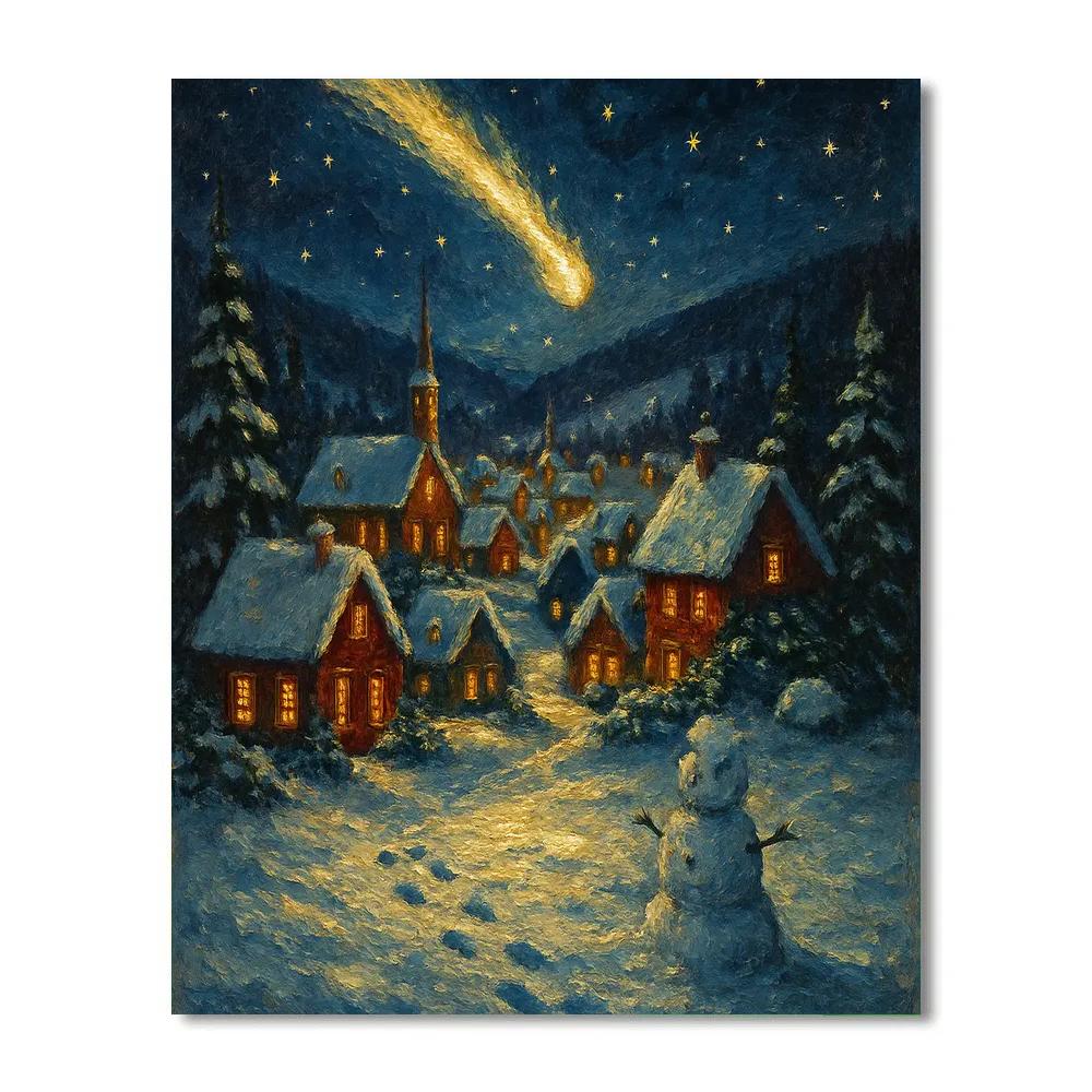 Solstice Comet Above Snowy Village paint by color