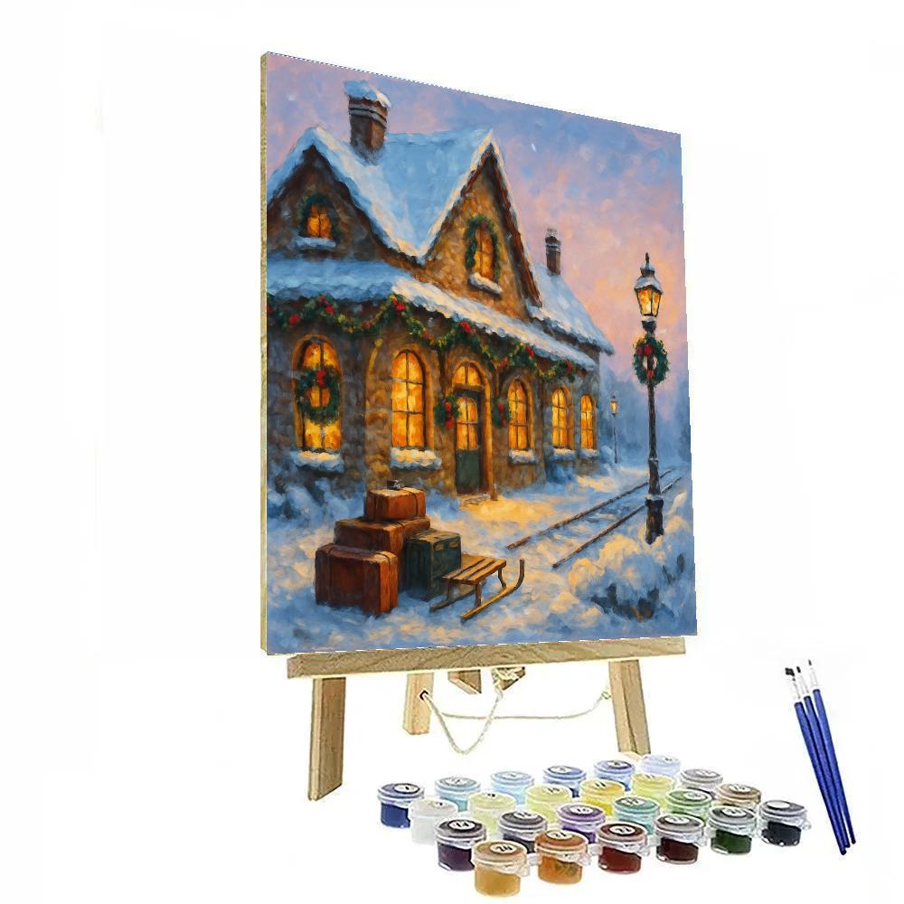Evergreen Train Station At First Snow Paint by numbers kits