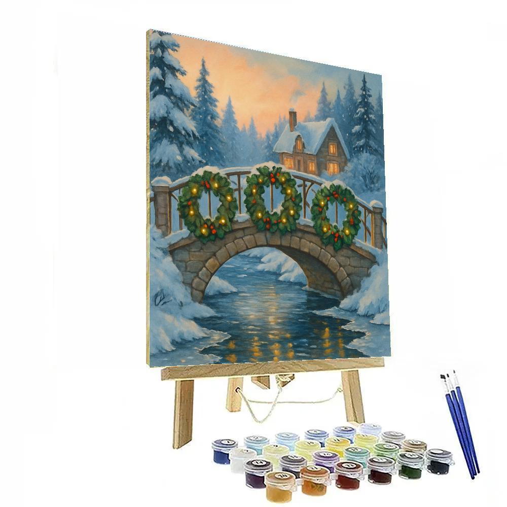 Holly Wreath Bridge Over Winter Creek Number painting