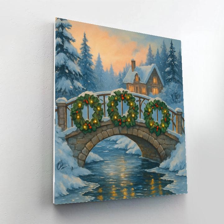 Holly Wreath Bridge Over Winter Creek Number painting
