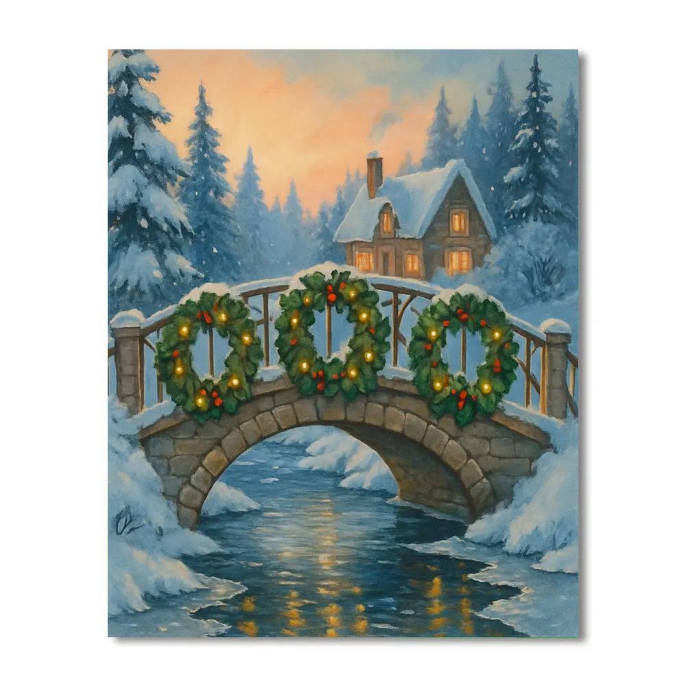 Holly Wreath Bridge Over Winter Creek Number painting