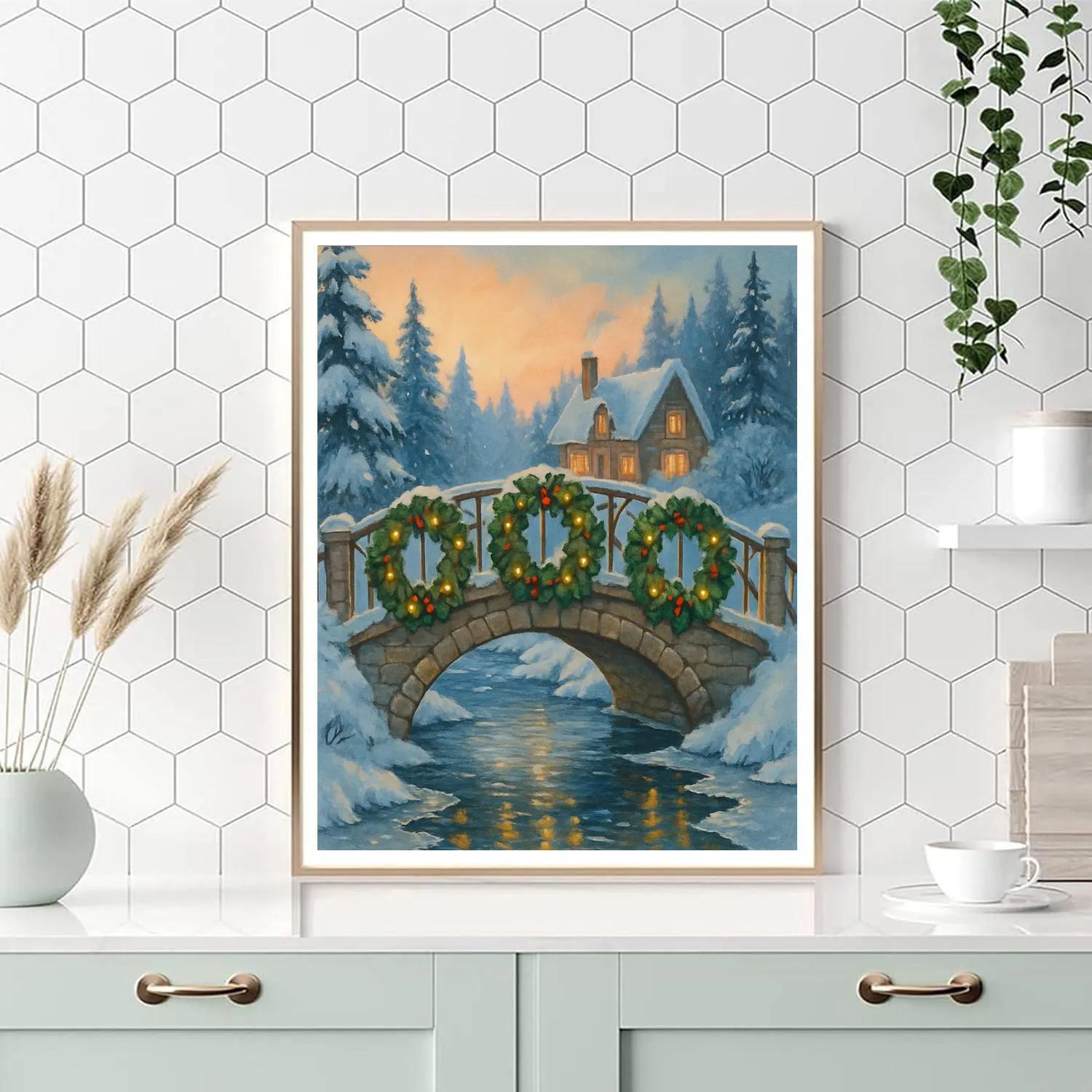 Holly Wreath Bridge Over Winter Creek Number painting