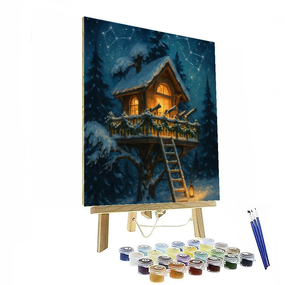 Snowy Treehouse Astronomers Retreat Numbered painting kits
