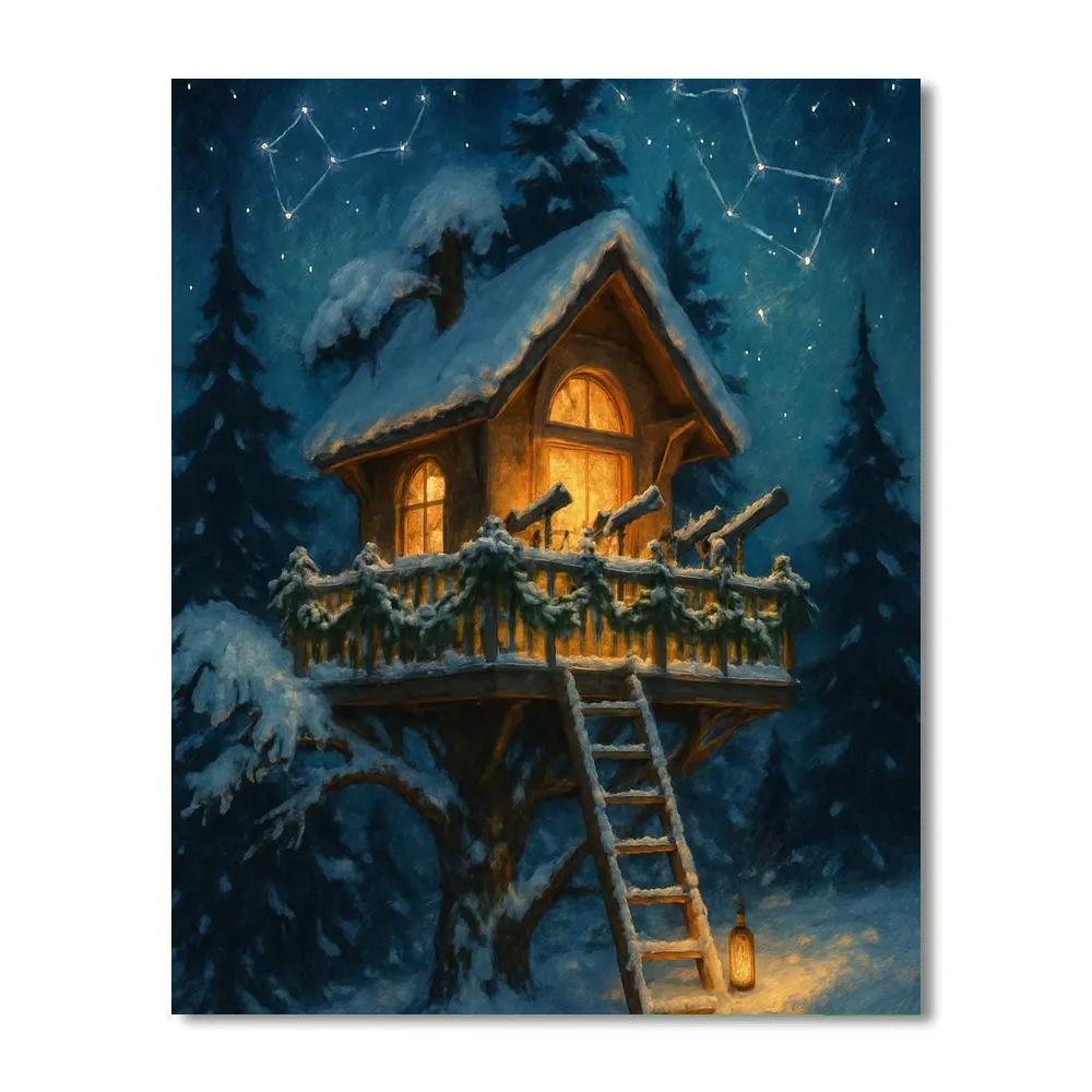 Snowy Treehouse Astronomers Retreat Numbered painting kits