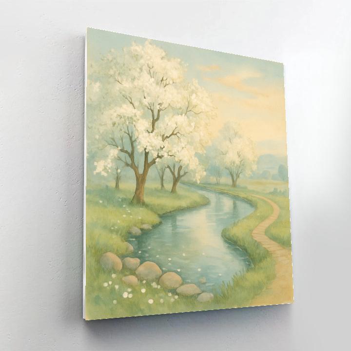 Pear Blossom River Bend At Dawn painting number kit
