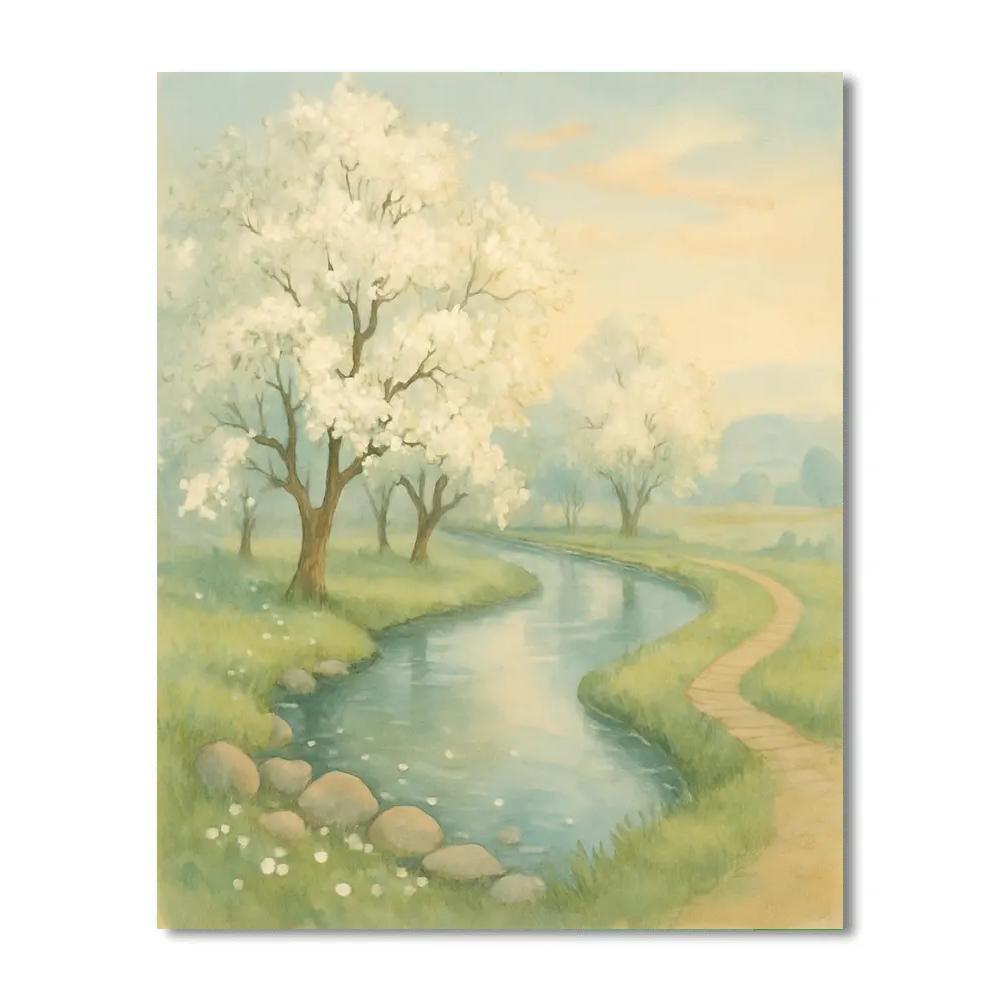 Pear Blossom River Bend At Dawn painting number kit