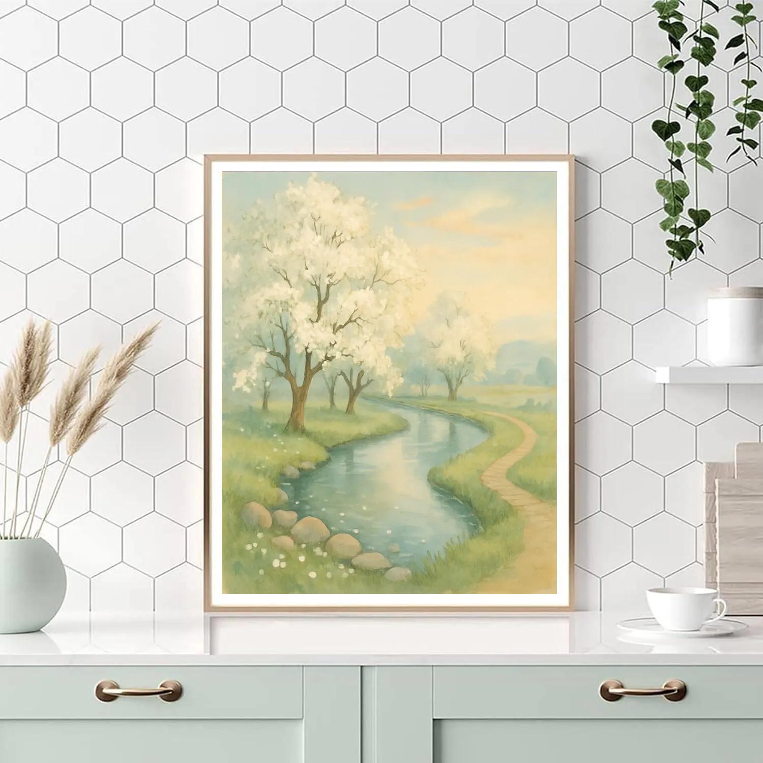 Pear Blossom River Bend At Dawn painting number kit