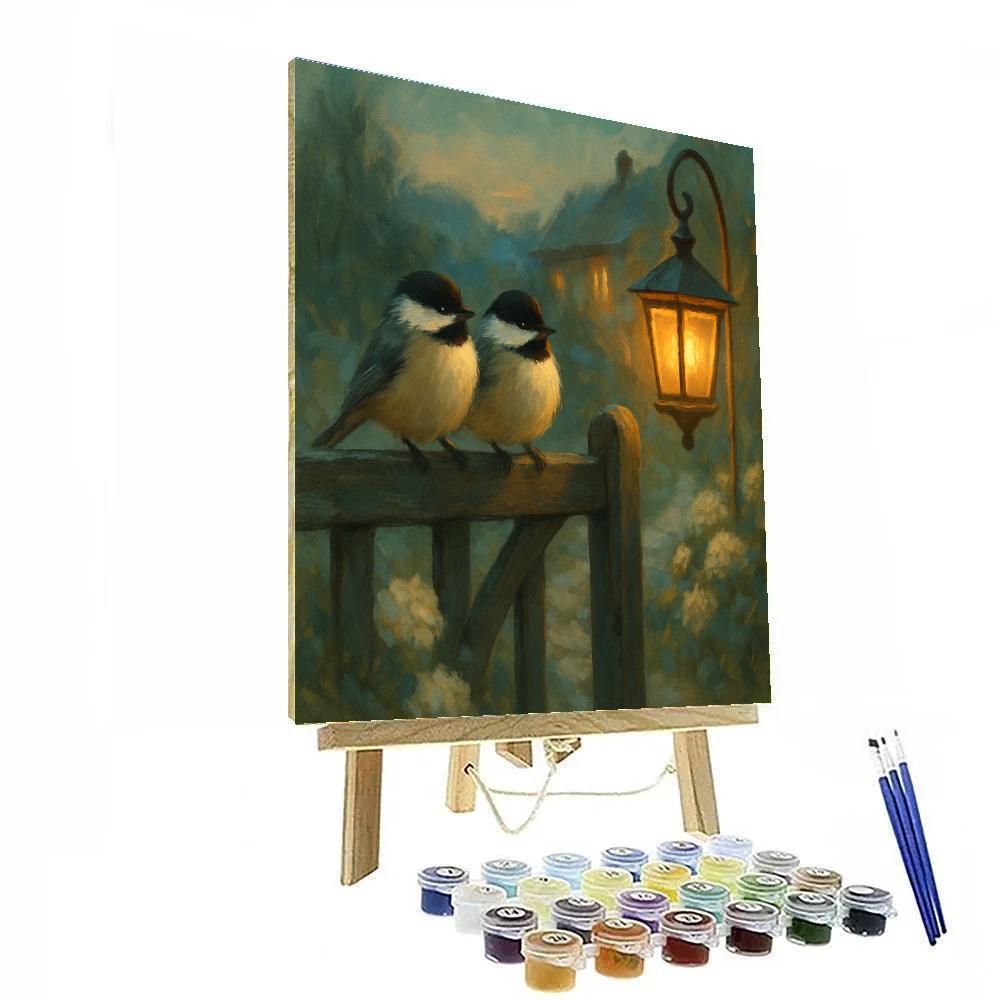 Lantern Dusk Chickadees By The Garden Gate Numbered painting kits