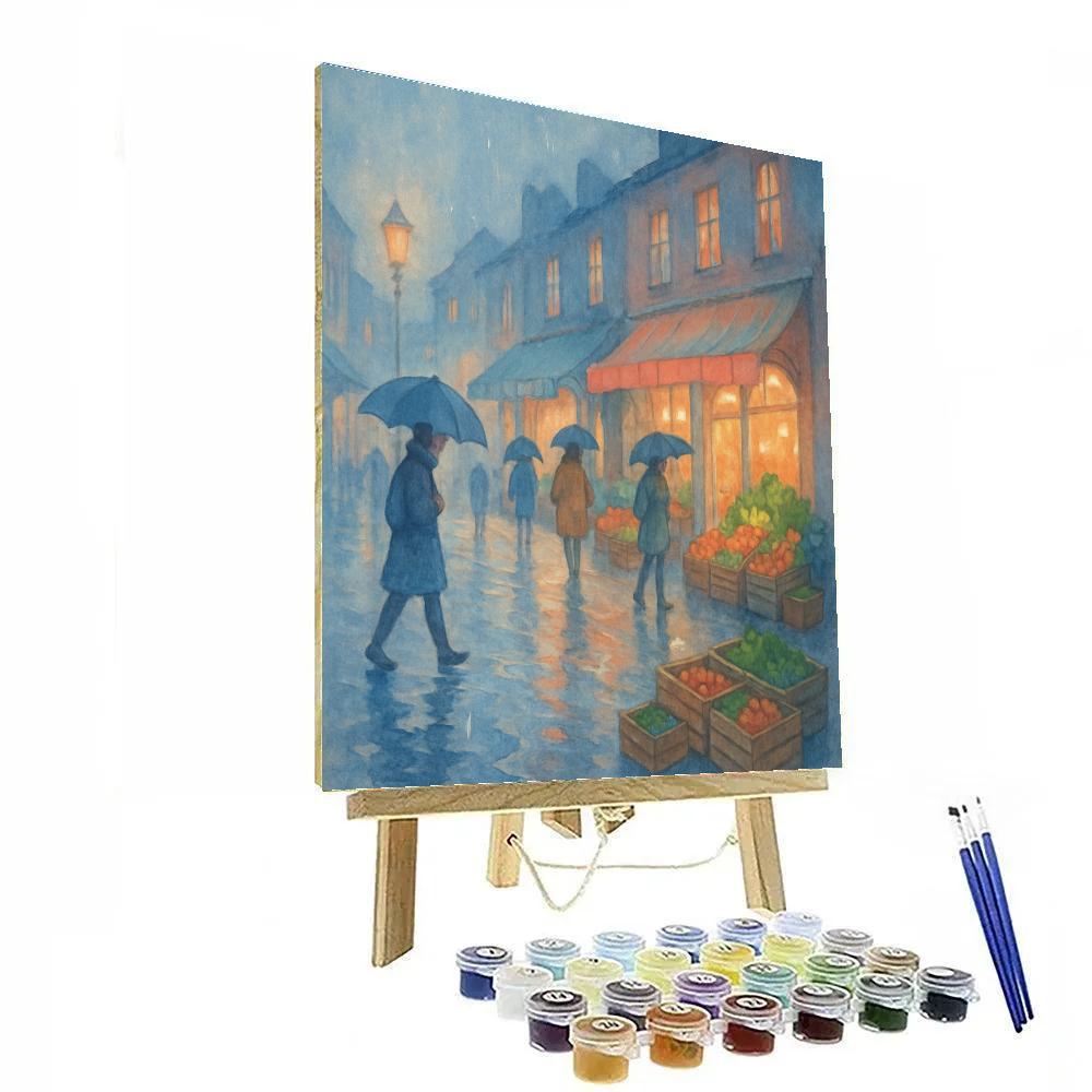 Rainy Market Street With Umbrella Reflections paint by numbers