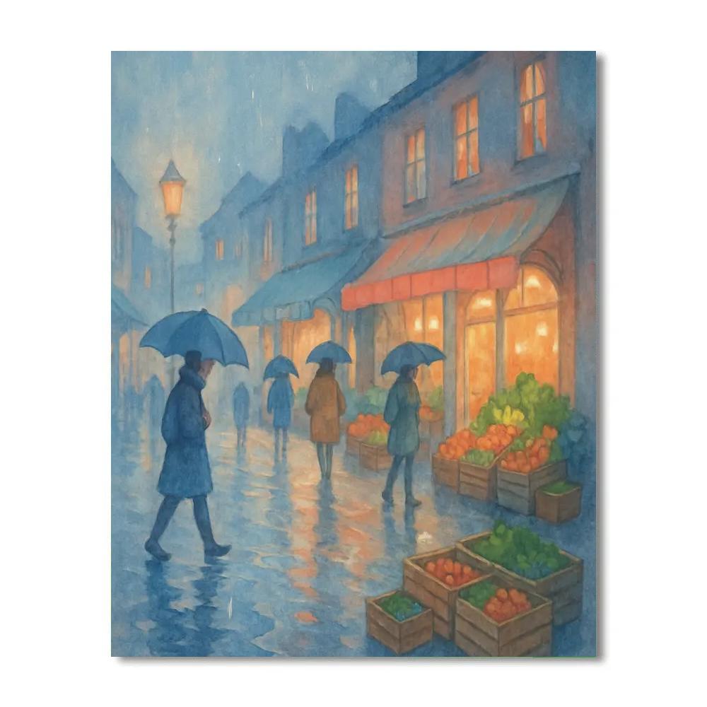 Rainy Market Street With Umbrella Reflections paint by numbers