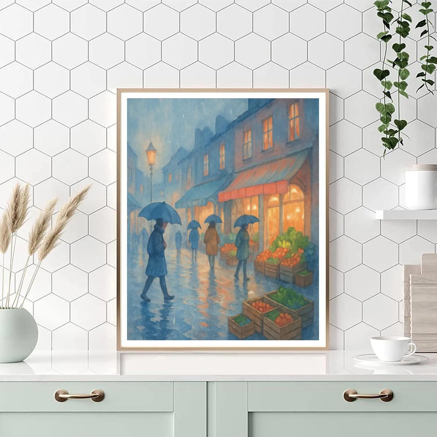 Rainy Market Street With Umbrella Reflections paint by numbers
