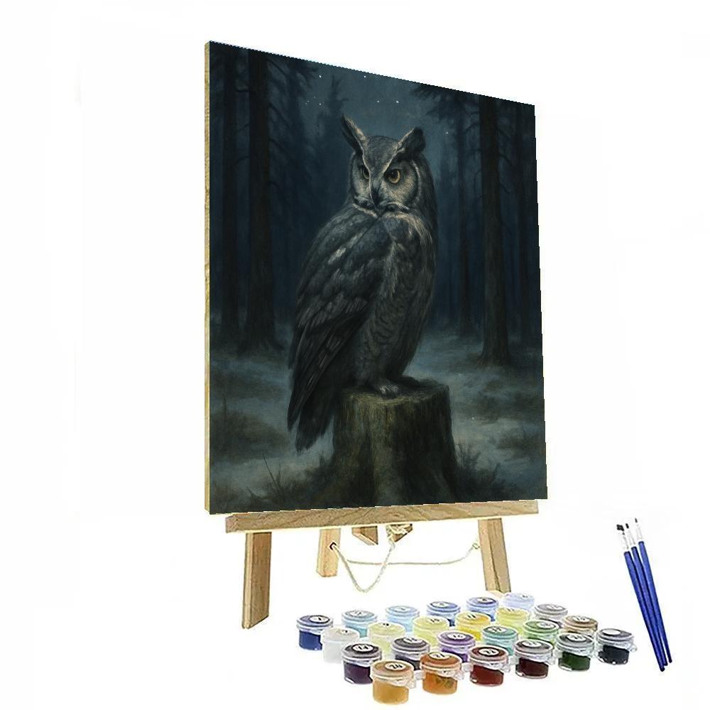 Moonlit Pines And The Listening Great Horned Owl paint by number