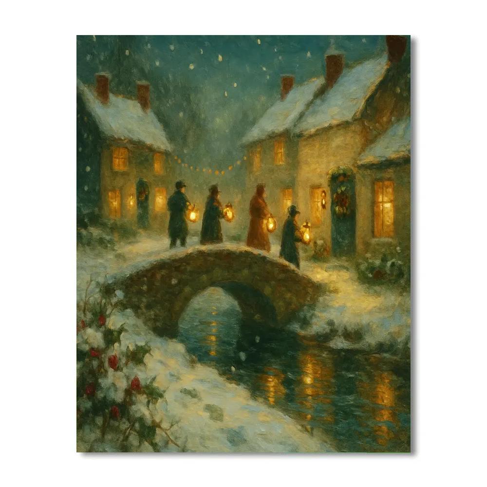 Candlelit Bridge Over Snowy Canal Number painting
