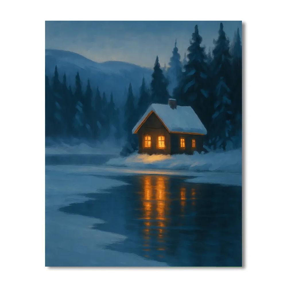 Cabin Windows Shimmer On A Winter Stillwater Numbered painting kits