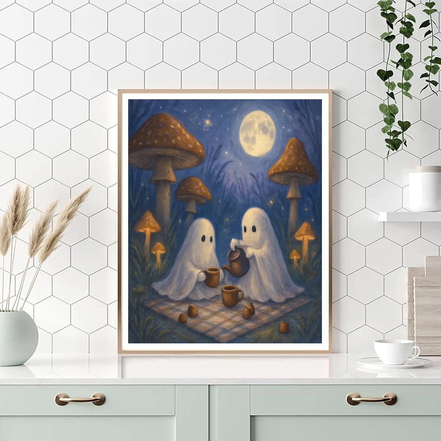 Midnight Mushroom Garden Picnic Ghosts painting number kit
