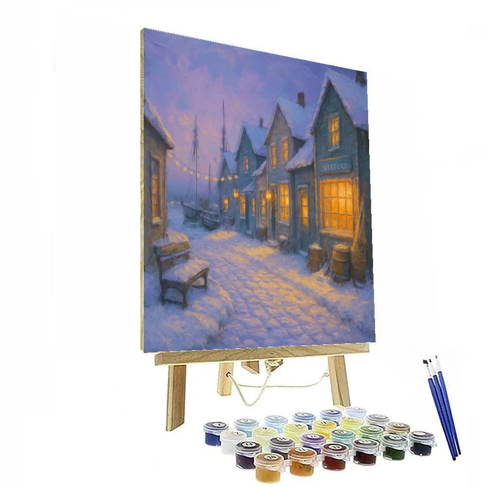 Snowlit Harbor Lane With Warm Window Glow Paint by numbers art