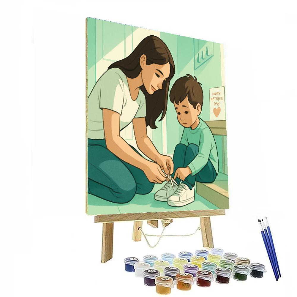 Mother Teaching Child To Tie Shoelaces DIY paint by numbers
