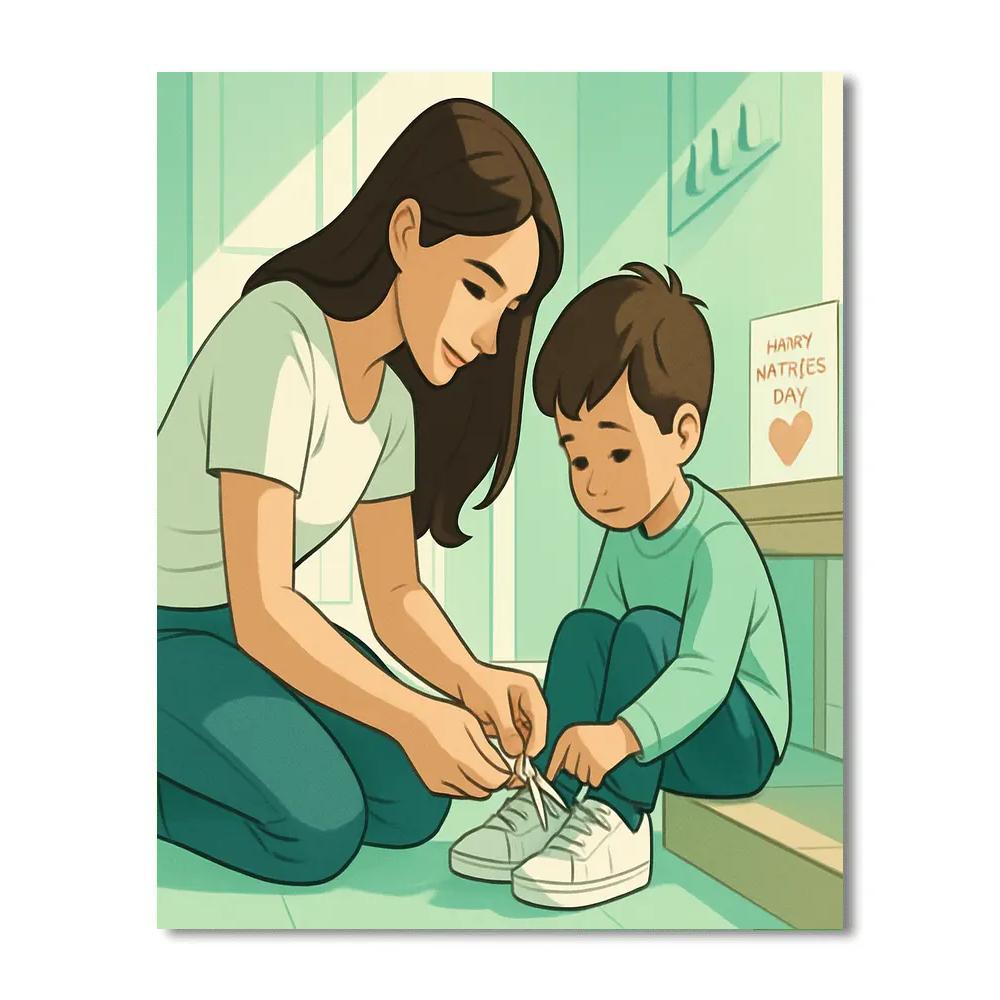 Mother Teaching Child To Tie Shoelaces DIY paint by numbers